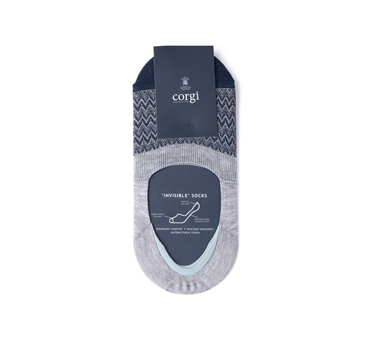 Corgi mini chevron mercerised cotton invisible grey socks | tailorable