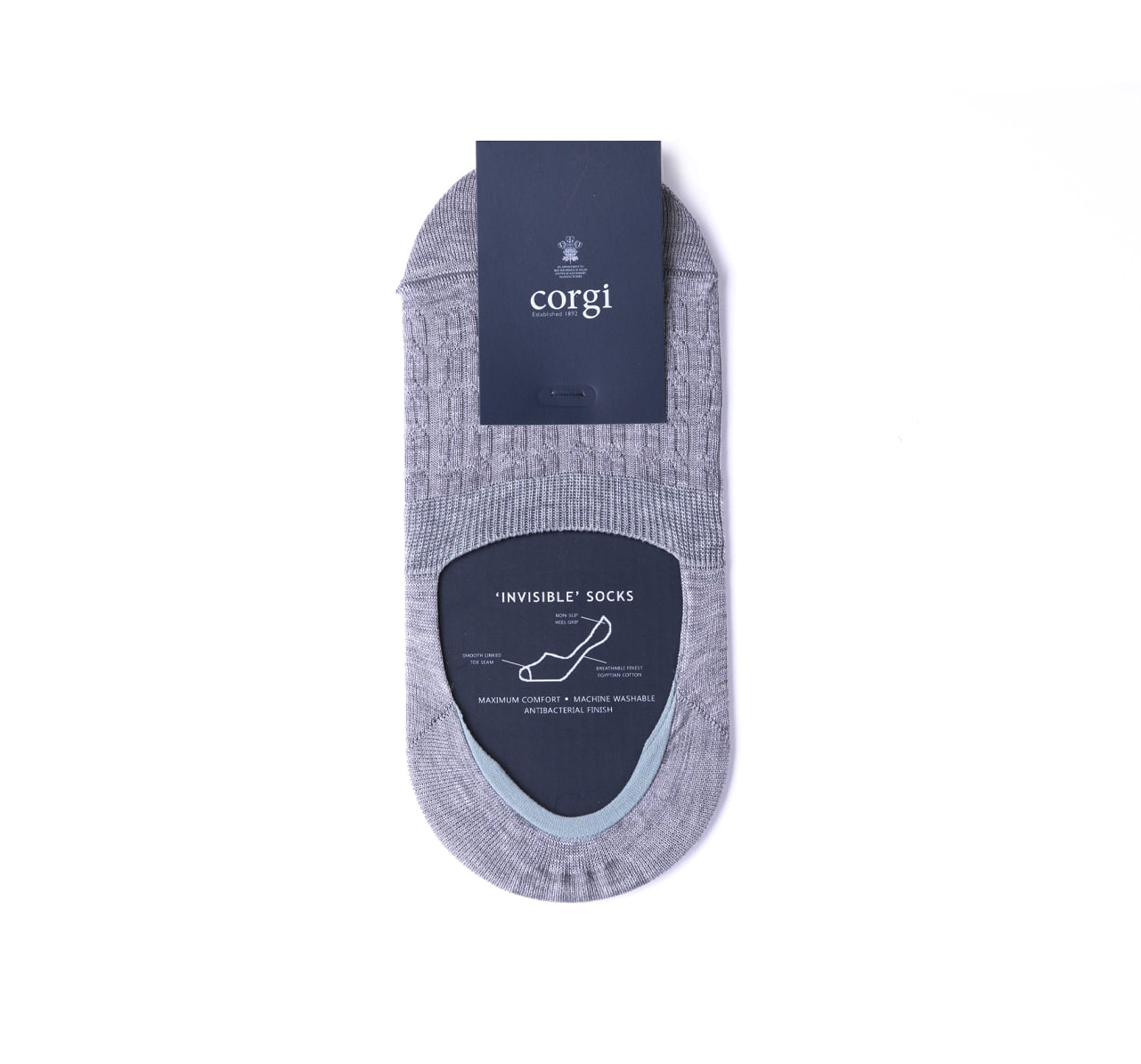 Corgi twist mercerised cotton invisible grey socks | tailorable