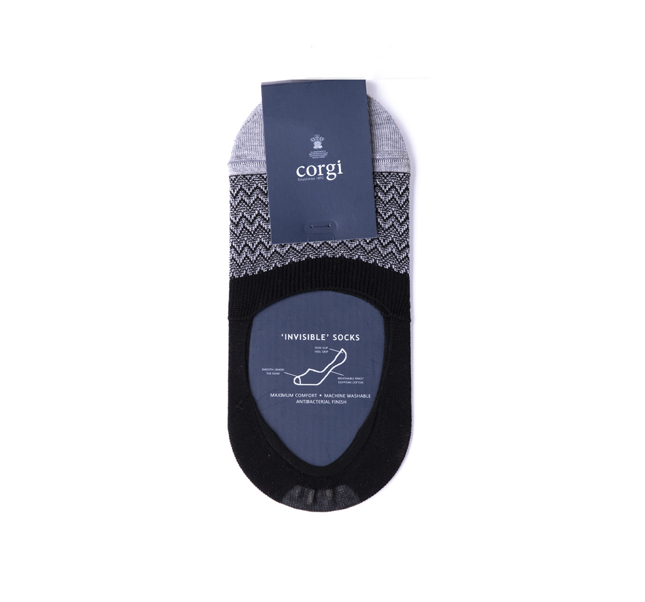 Corgi mini chevron mercerised cotton invisible black socks | tailorable